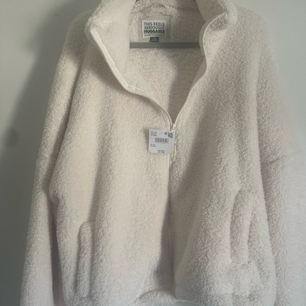 American Eagle Outfitters Cream Teddy Sherpa Half-Zip Jacket
